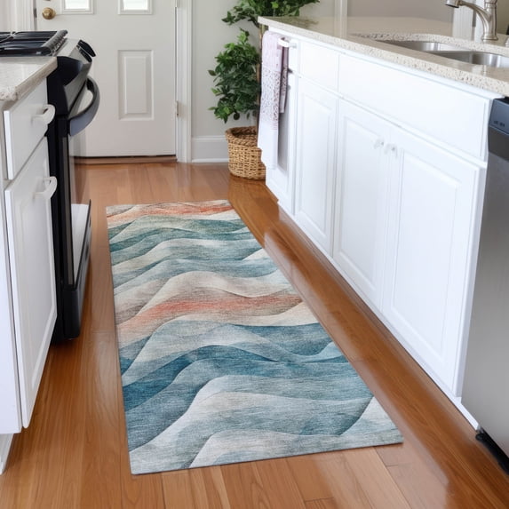 Addison Rugs Chantille Indoor/Outdoor Transitional Waves Teal Washable Runner Rug, 2'3" x 7'6"