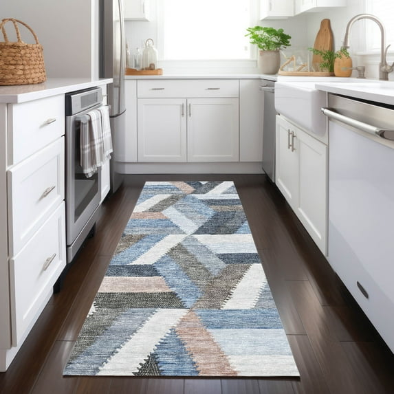 Addison Rugs Chantille Indoor/Outdoor Transitional Geometric Blue Washable Runner Rug, 2'3" x 7'6"