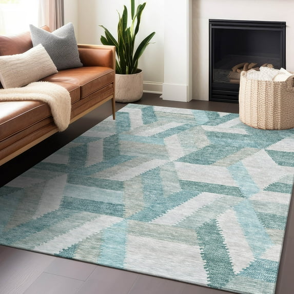 Addison Rugs Chantille Indoor/Outdoor Transitional Geometric Teal Washable Rectangle Rug, 8' x 10'