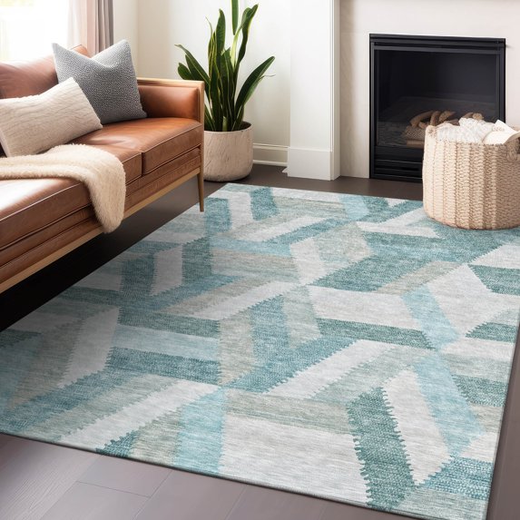 Addison Rugs Chantille Indoor/Outdoor Transitional Geometric Teal Washable Rectangle Rug, 9' x 12'