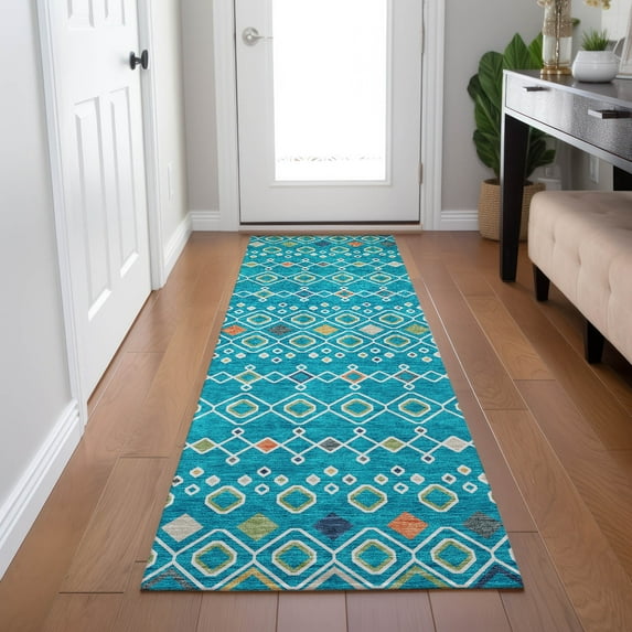 Addison Rugs Chantille Indoor/Outdoor Transitional Southwest Teal Washable Runner Rug, 2'3" x 7'6"