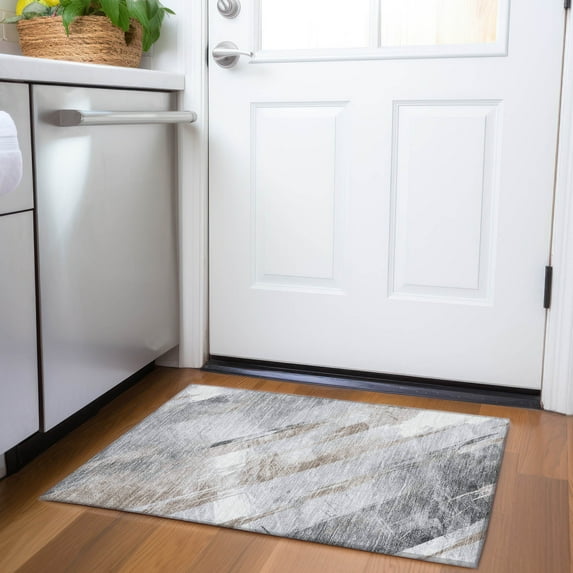 Addison Rugs Chantille Indoor/Outdoor Transitional Stripes Taupe Washable Rectangle Rug, 1'8" x 2'6"