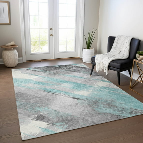 Addison Rugs Chantille Indoor/Outdoor Transitional Stripes Teal Washable Rectangle Rug, 9' x 12'