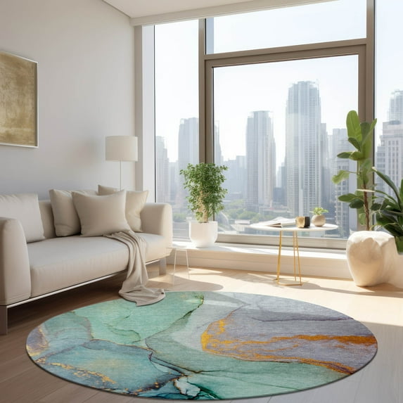 Addison Rugs Chantille Indoor/Outdoor Transitional Watercolors Teal Washable Round Rug, 8' x 8'