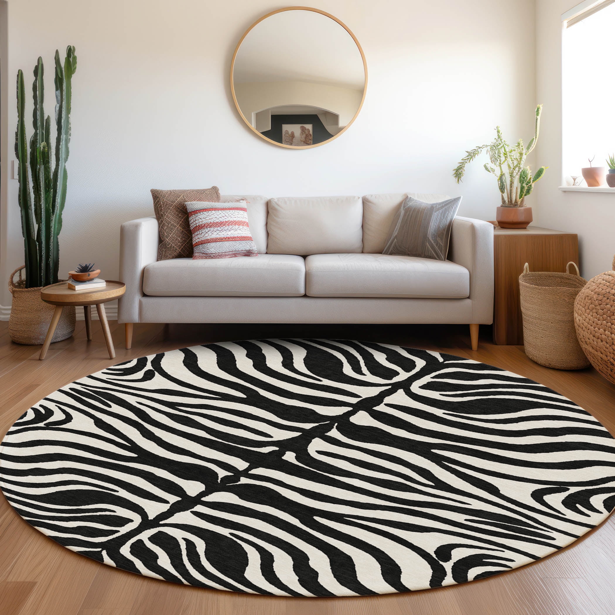 Addison Rugs Chantille Indoor/Outdoor Transitional Geometric, Abstract Black Washable Round Rug, 8' x 8'