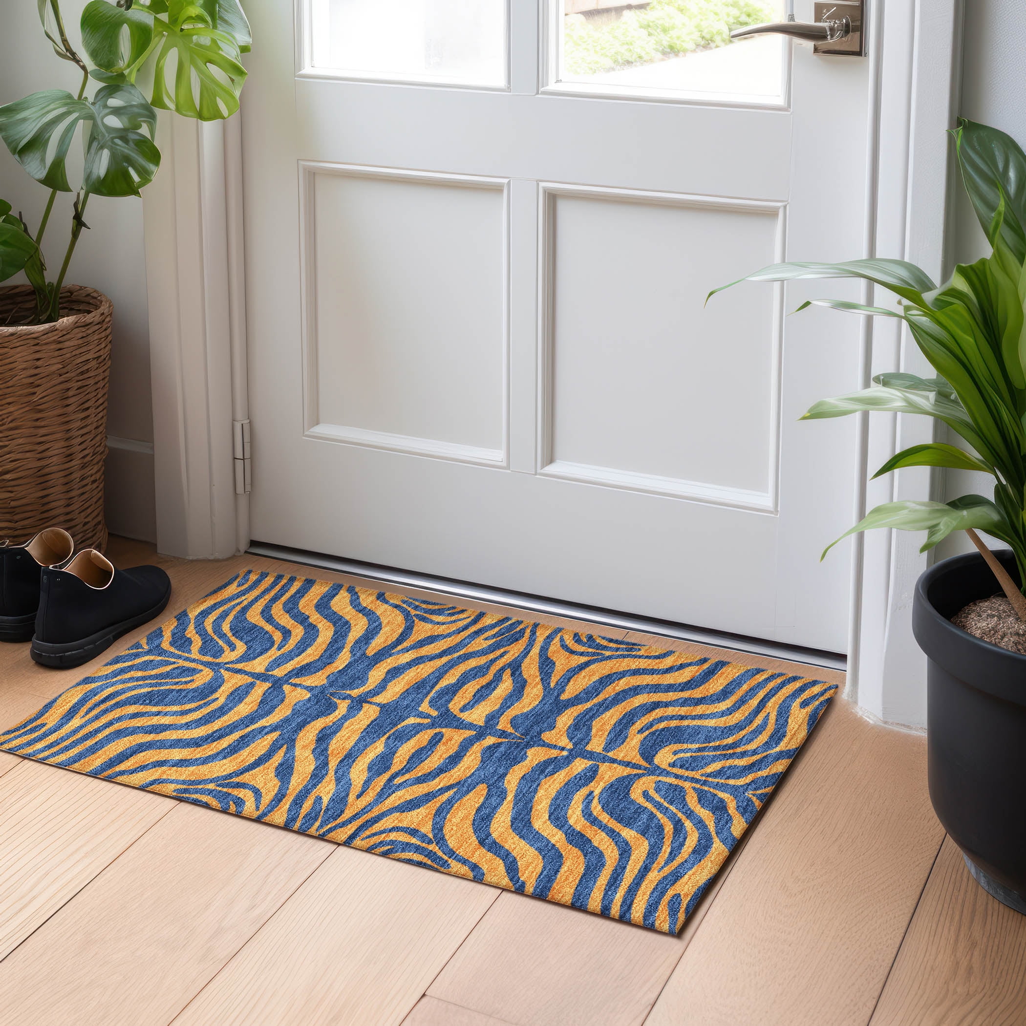 Blue and Orange Zebra Pattern Washable Synthetic Rug