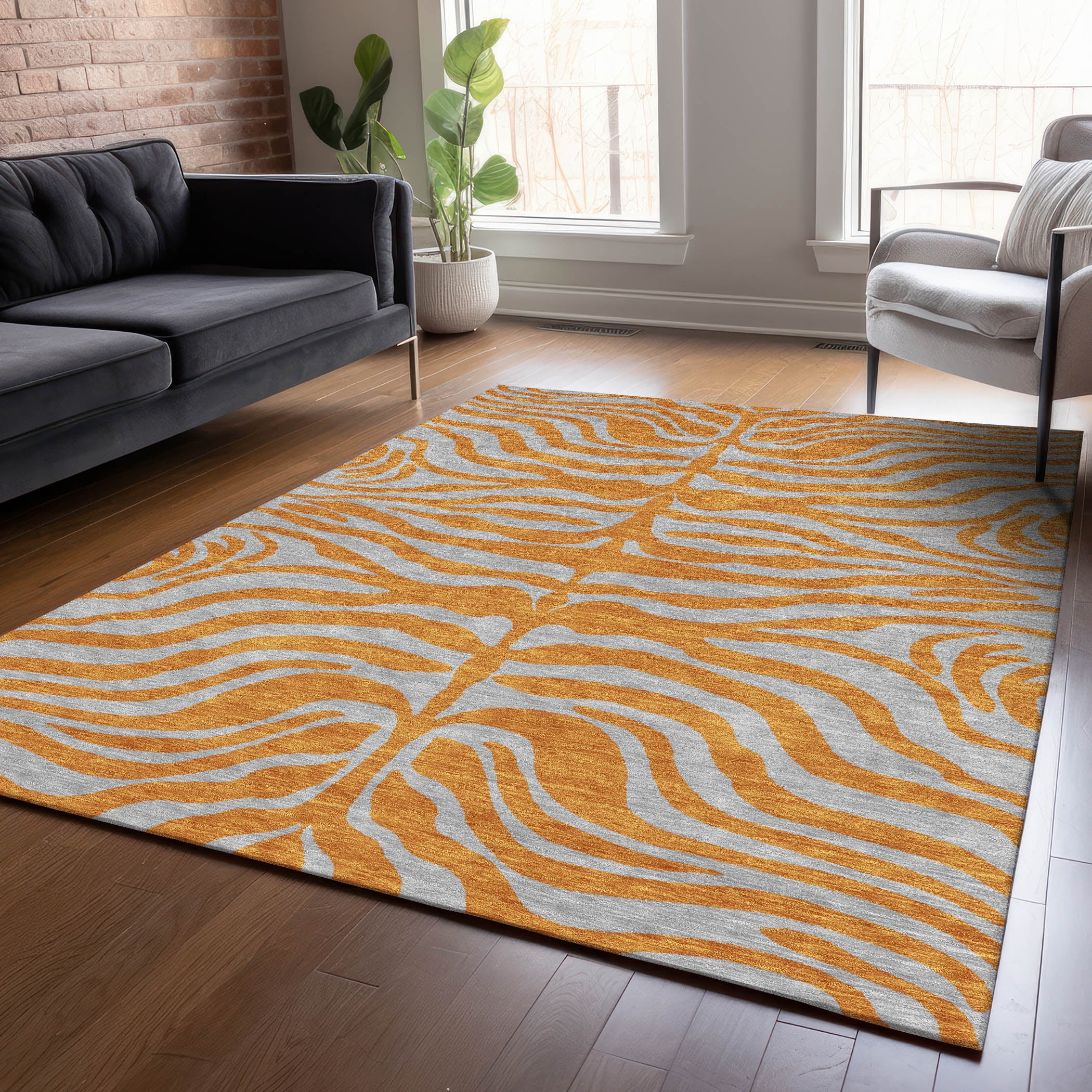 Orange and Gray Synthetic Zebra Print Rectangular Rug