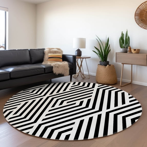Addison Rugs Chantille Indoor/Outdoor Transitional Geometric Black Washable Round Rug, 8' x 8'