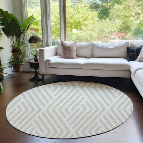 Addison Rugs Chantille Indoor/Outdoor Transitional Geometric Ivory Washable Round Rug, 8' x 8'