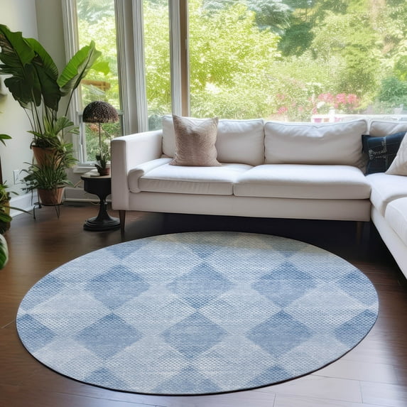 Addison Rugs Chantille Indoor/Outdoor Transitional Geometric Blue Washable Round Rug, 8' x 8'