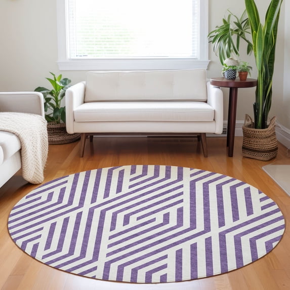 Addison Rugs Chantille Indoor/Outdoor Transitional Geometric Purple Washable Round Rug, 8' x 8'