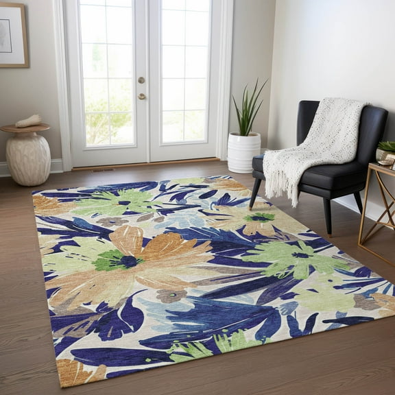 Addison Rugs Chantille Indoor/Outdoor Transitional Floral Navy Washable Rectangle Rug, 10' x 14'