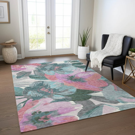 Addison Rugs Chantille Indoor/Outdoor Transitional Floral Teal Washable Rectangle Rug, 10' x 14'