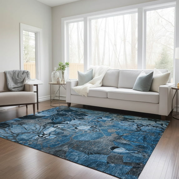 Addison Rugs Chantille Indoor/Outdoor Transitional Floral Blue Washable Rectangle Rug, 5' x 7'6"