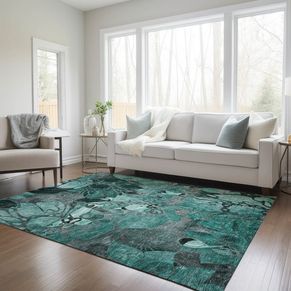 Addison Rugs Chantille Indoor/Outdoor Transitional Floral Teal Washable Rectangle Rug, 5' x 7'6"