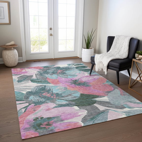 Addison Rugs Chantille Indoor/Outdoor Transitional Floral Teal Washable Rectangle Rug, 5' x 7'6"