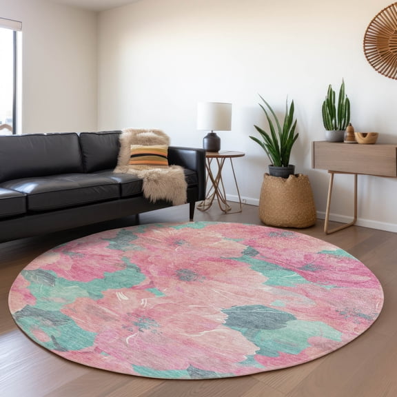 Addison Rugs Chantille Indoor/Outdoor Transitional Floral Pink Washable Round Rug, 8' x 8'