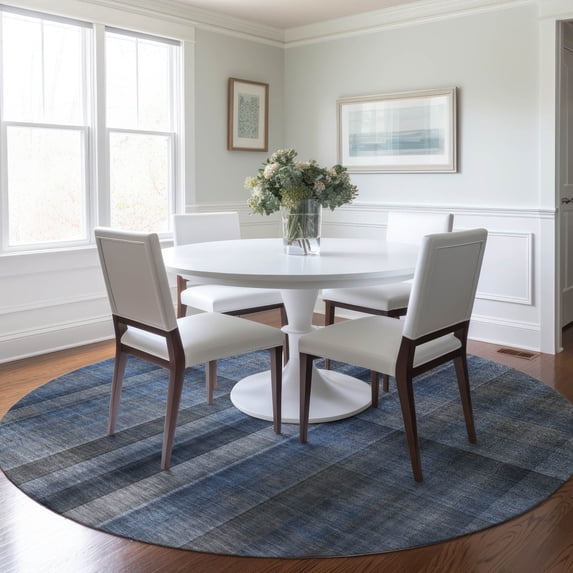 Addison Rugs Chantille Indoor/Outdoor Transitional Plaid Blue Washable Round Rug, 8' x 8'
