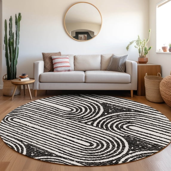 Addison Rugs Chantille Indoor/Outdoor Contemporary Art Deco Black Washable Round Rug, 8' x 8'