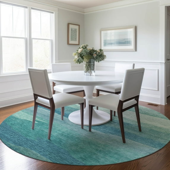 Addison Rugs Chantille Indoor/Outdoor Transitional Stripes Turquoise Washable Round Rug, 8' x 8'