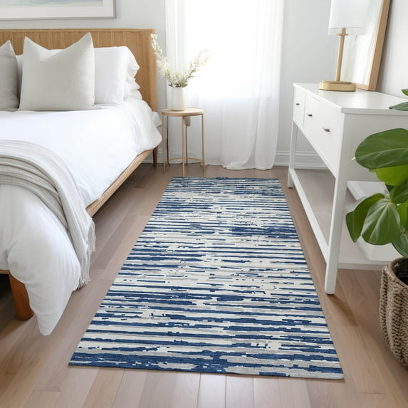 Addison Rugs Chantille Indoor/Outdoor Transitional Stripes Navy Washable Runner Rug, 2'3" x 7'6"
