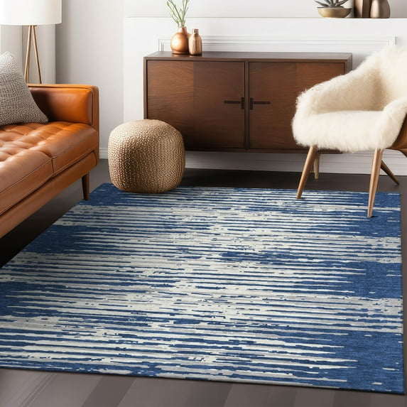 Addison Rugs Chantille Indoor/Outdoor Transitional Stripes Navy Washable Rectangle Rug, 5' x 7'6"