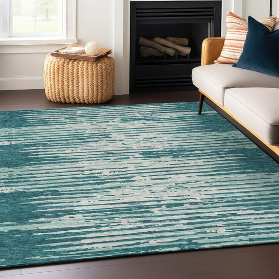 Addison Rugs Chantille Indoor/Outdoor Transitional Stripes Teal Washable Rectangle Rug, 9' x 12'