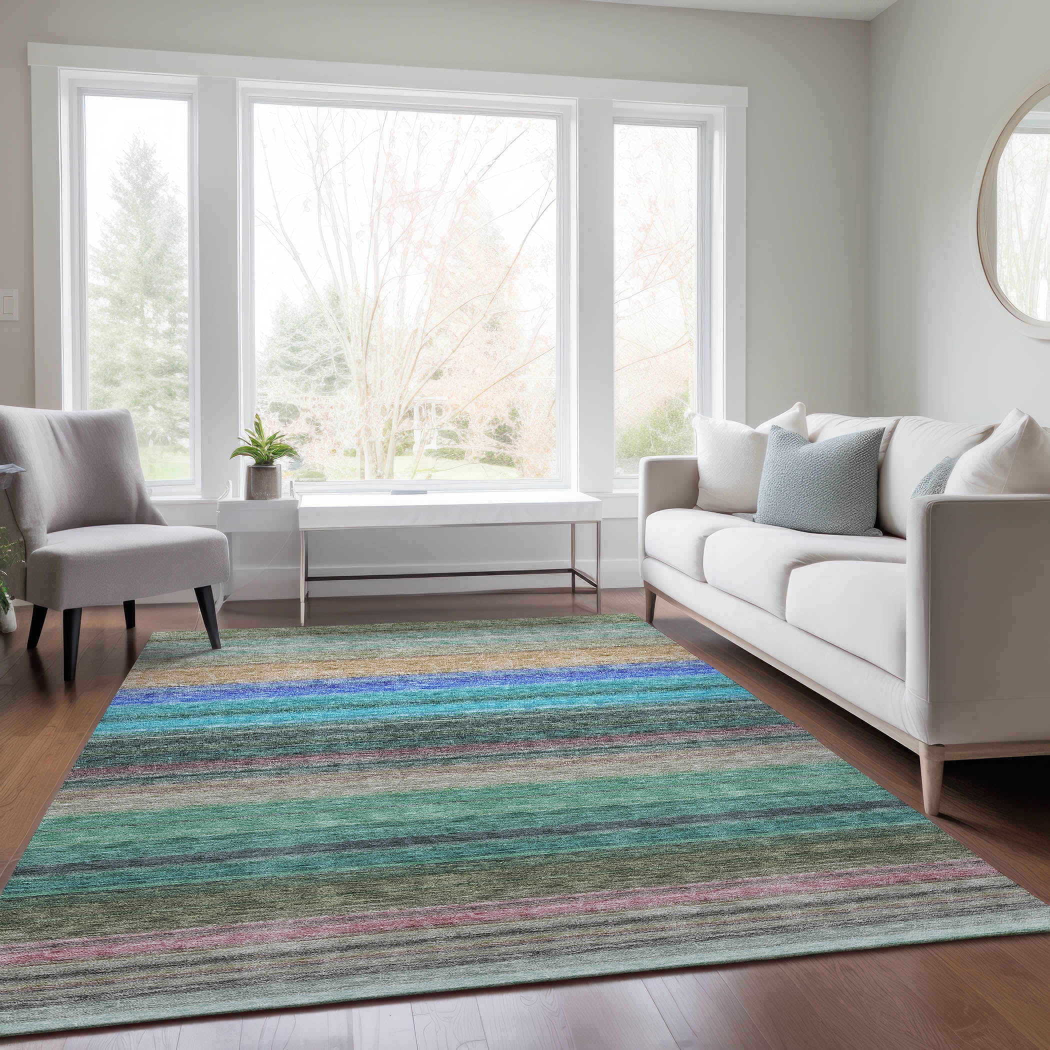 Sage and Blue Striped Synthetic 9' x 12' Washable Rug
