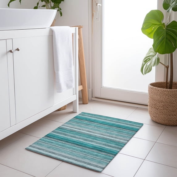 Addison Rugs Chantille Indoor/Outdoor Transitional Stripes Teal Washable Rectangle Rug, 1'8" x 2'6"