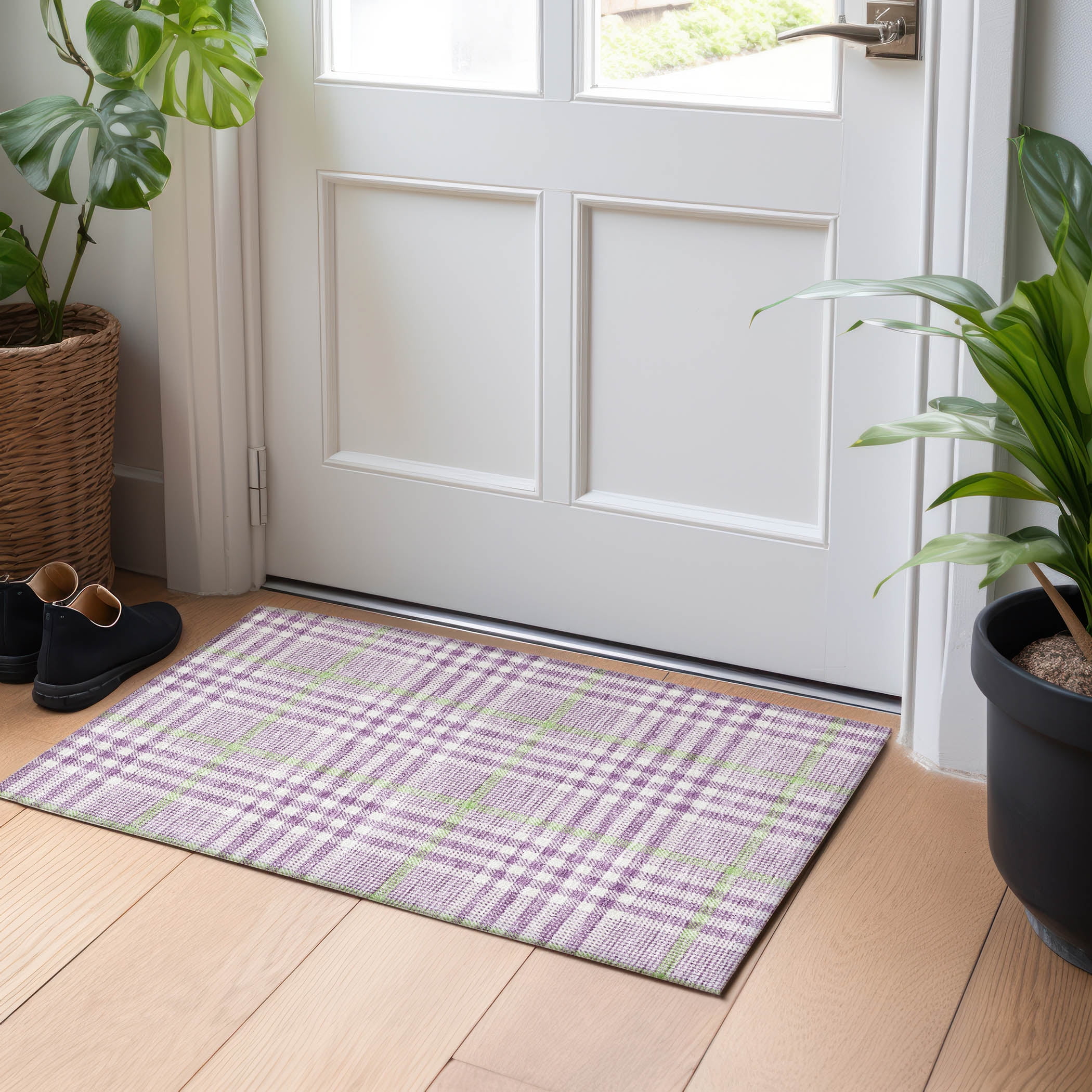 Purple Plaid Synthetic Washable Rectangular Rug 30" x 20"