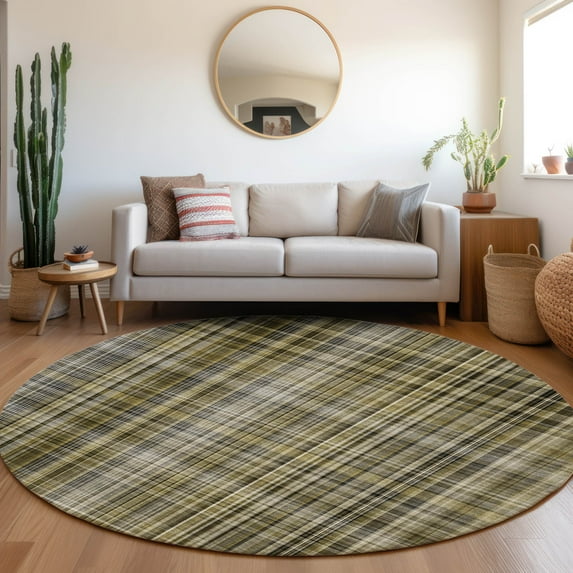 Addison Rugs Chantille Indoor/Outdoor Transitional Plaid Taupe Washable Round Rug, 8' x 8'