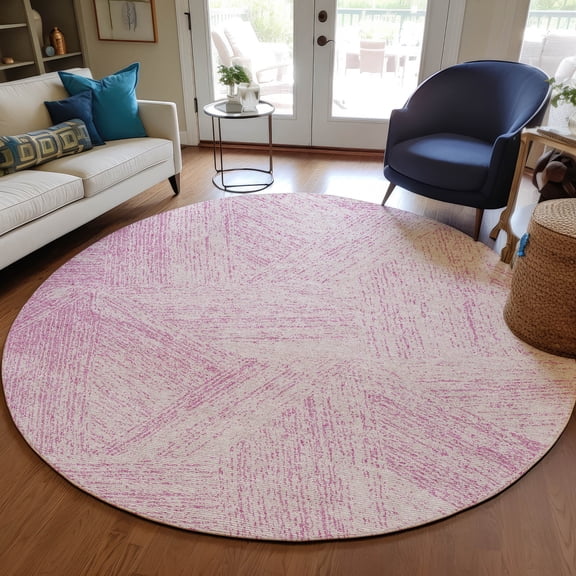 Addison Rugs Chantille Indoor/Outdoor Transitional Lines Pink Washable Round Rug, 8' x 8'