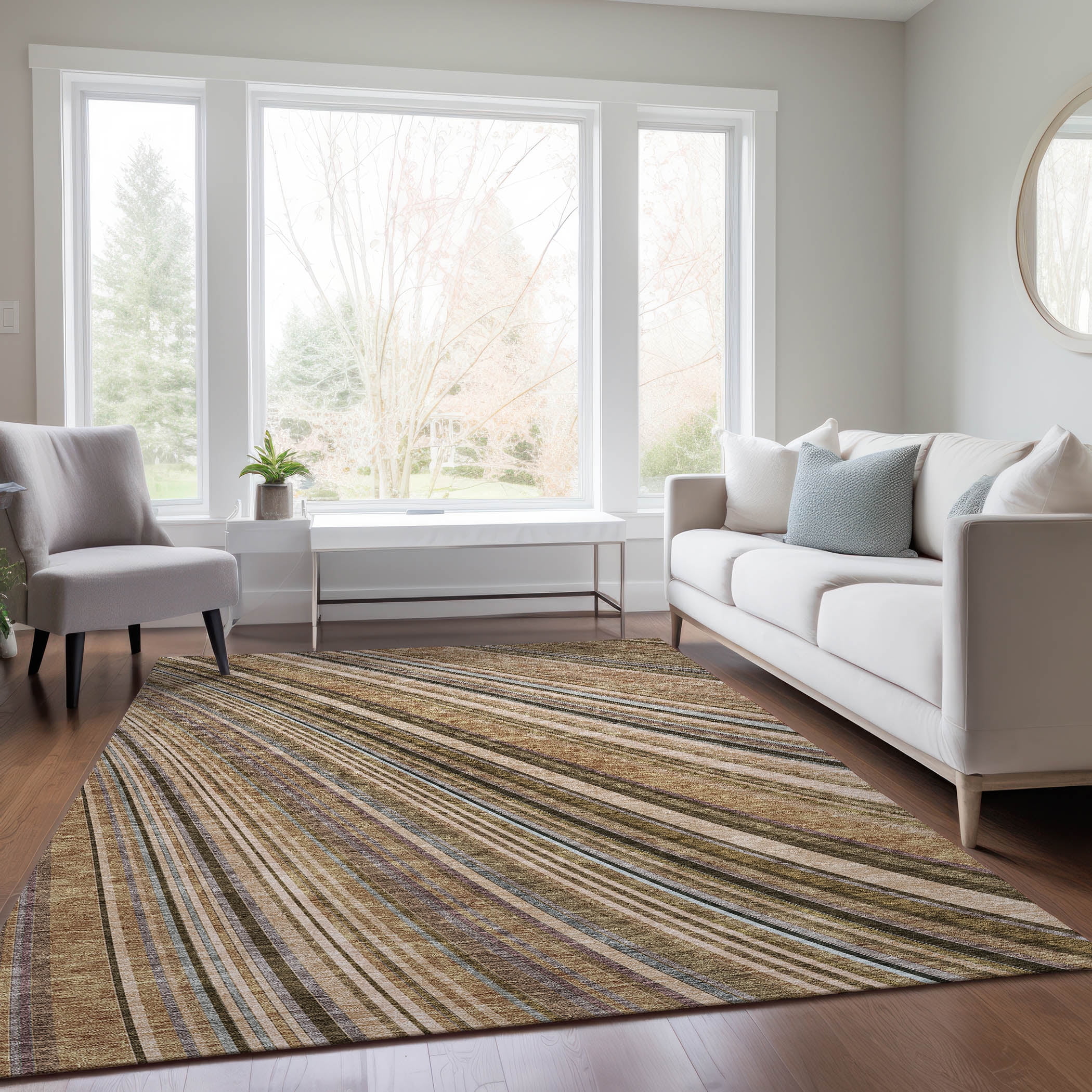Taupe Stripe Rectangular Synthetic Indoor/Outdoor Rug 3' x 5'