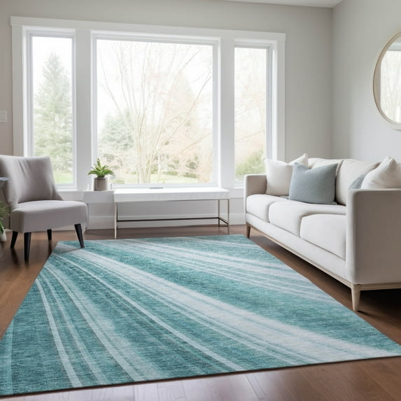 Addison Rugs Chantille Indoor/Outdoor Transitional Stripes Teal Washable Rectangle Rug, 9' x 12'