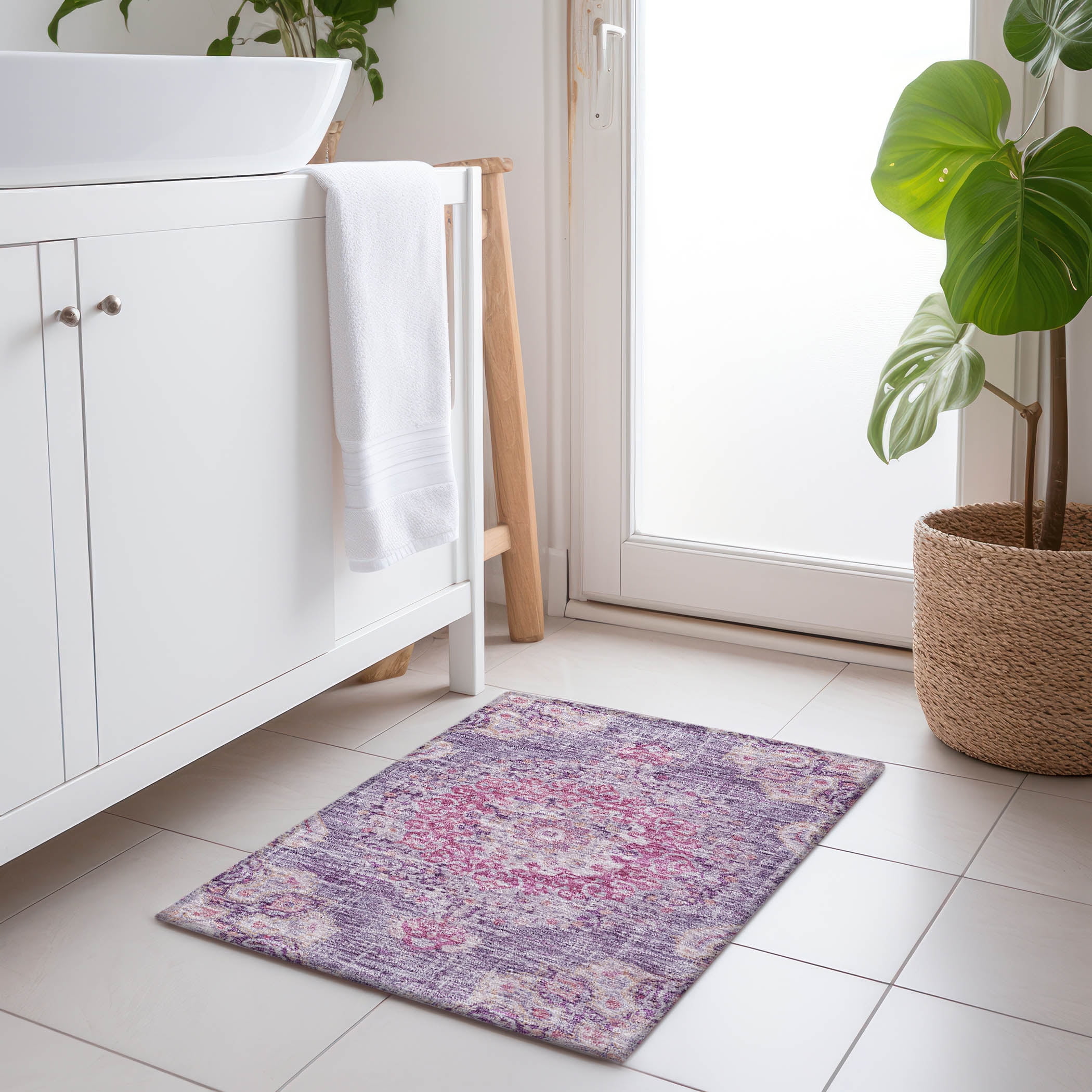 Purple Flat Woven Synthetic Rectangular Washable Rug