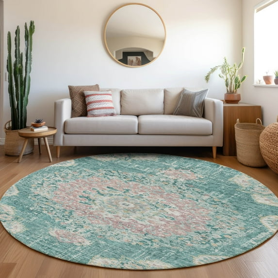 Addison Rugs Chantille Indoor/Outdoor Transitional Geometric, Abstract Teal Washable Round Rug, 8' x 8'
