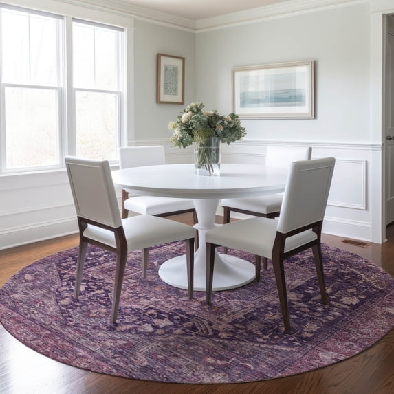 Addison Rugs Chantille Indoor/Outdoor Transitional Geometric, Abstract Eggplant Washable Round Rug, 8' x 8'