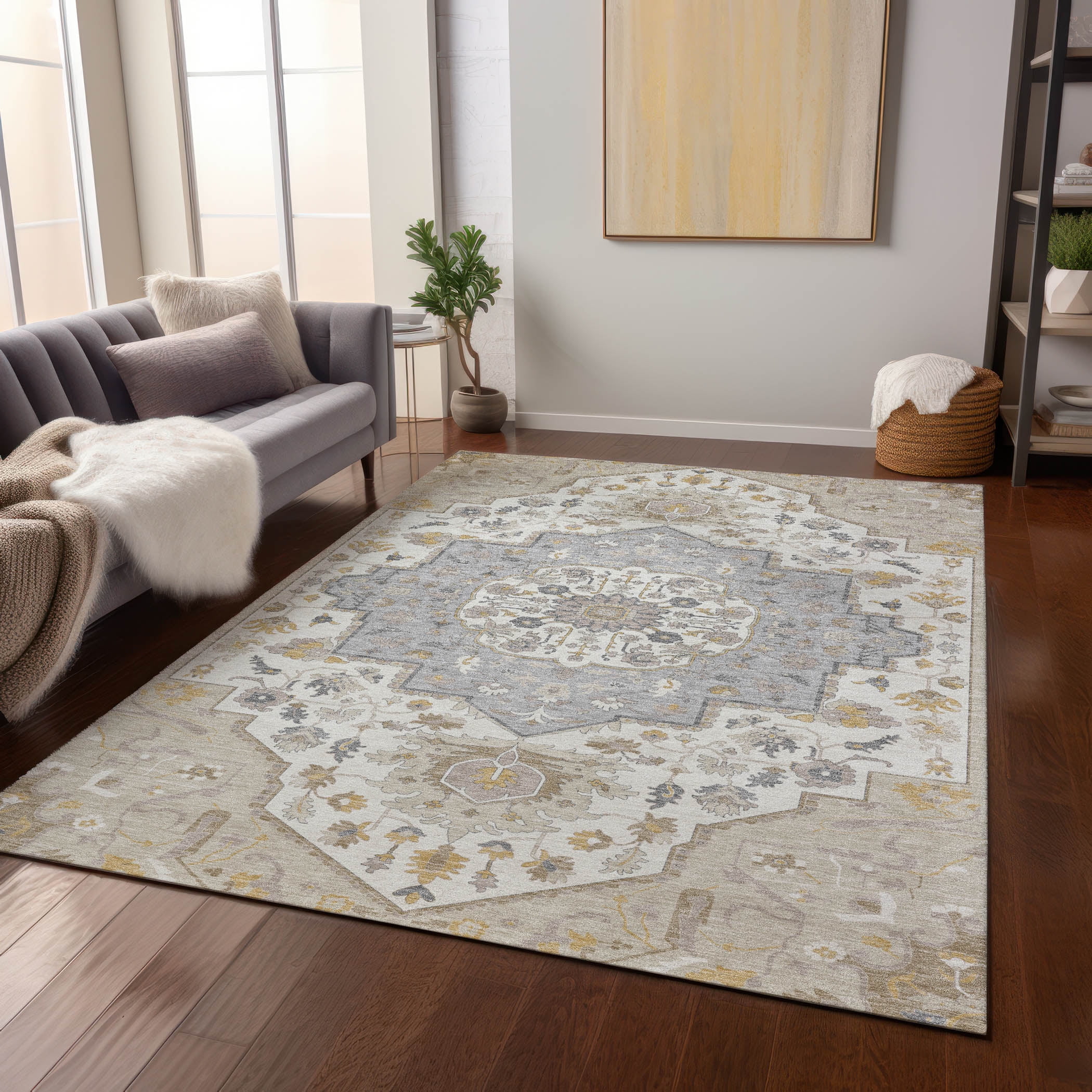 Beige and Blue Rectangular Synthetic Washable Rug
