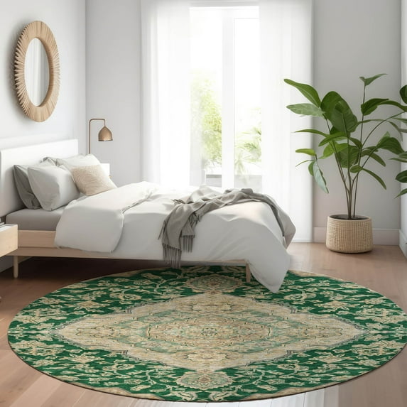 Addison Rugs Chantille Indoor/Outdoor Traditional Global Emerald Washable Round Rug, 8' x 8'