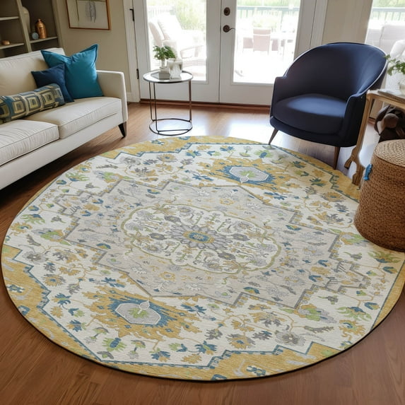 Addison Rugs Chantille Indoor/Outdoor Traditional Vintage Gold Washable Round Rug, 8' x 8'