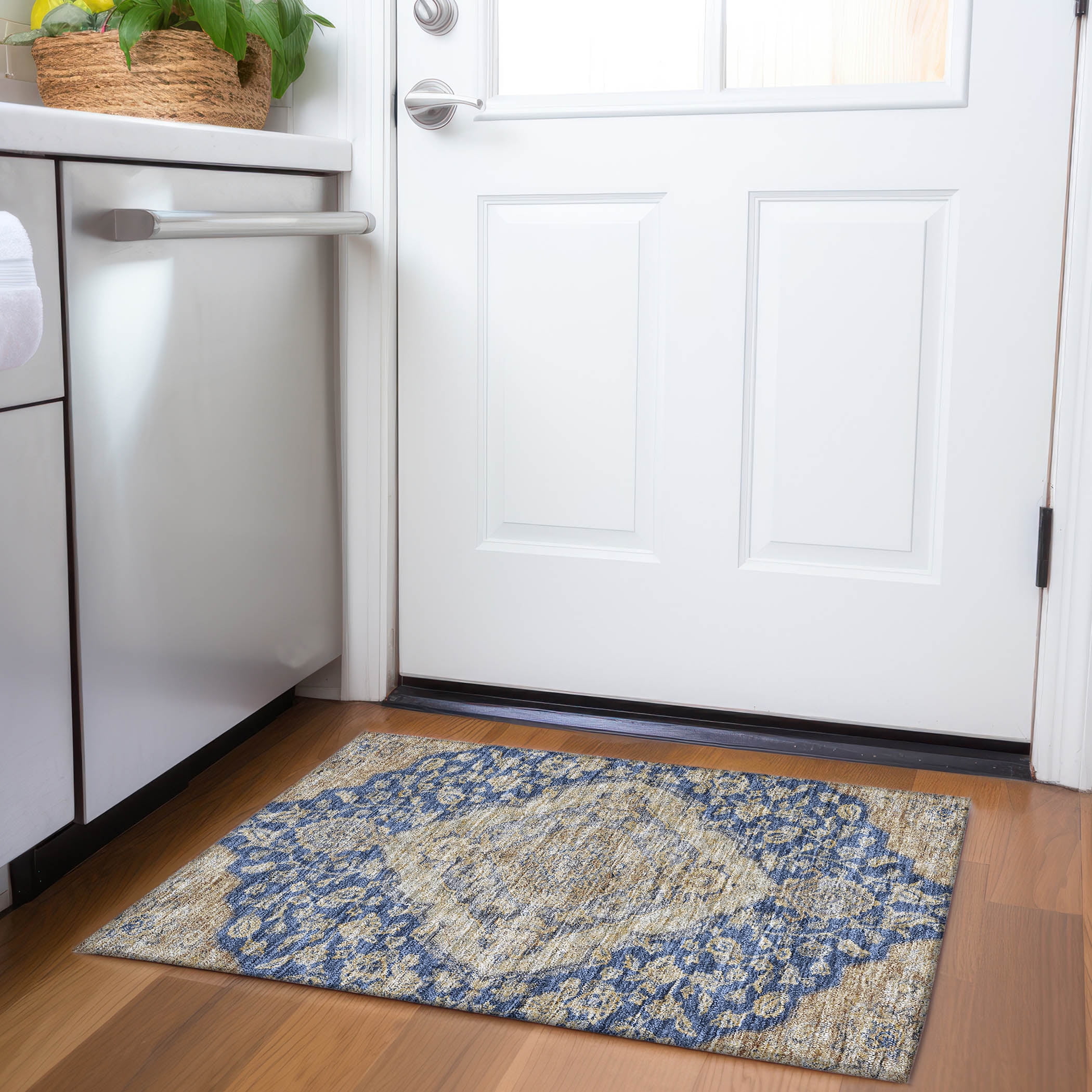 Navy and Beige Flat Woven Synthetic Rectangular Rug 20" x 30"