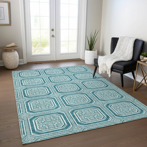 Addison Rugs Chantille Indoor/Outdoor Transitional Geometric Teal Washable Rectangle Rug, 10' x 14'