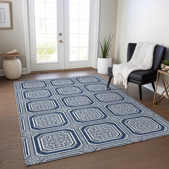 Addison Rugs Chantille Indoor/Outdoor Transitional Geometric Navy Washable Rectangle Rug, 5' x 7'6"