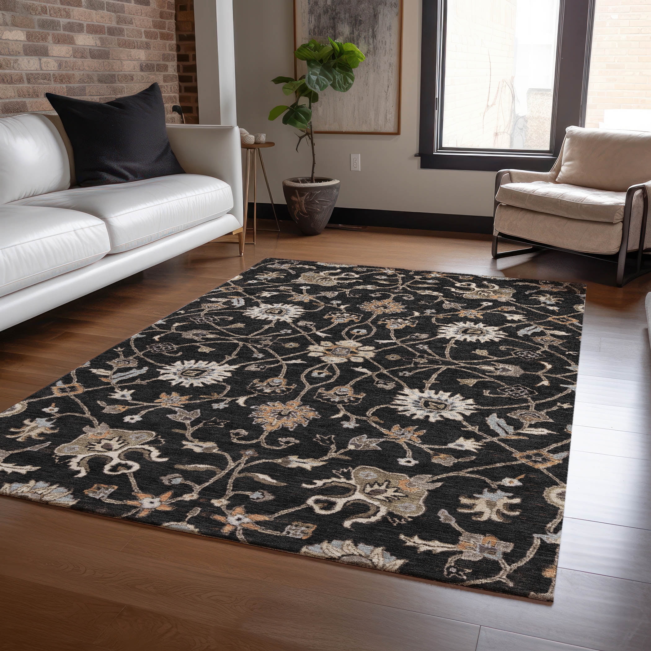 Black Rectangular Synthetic Washable Non-slip Area Rug