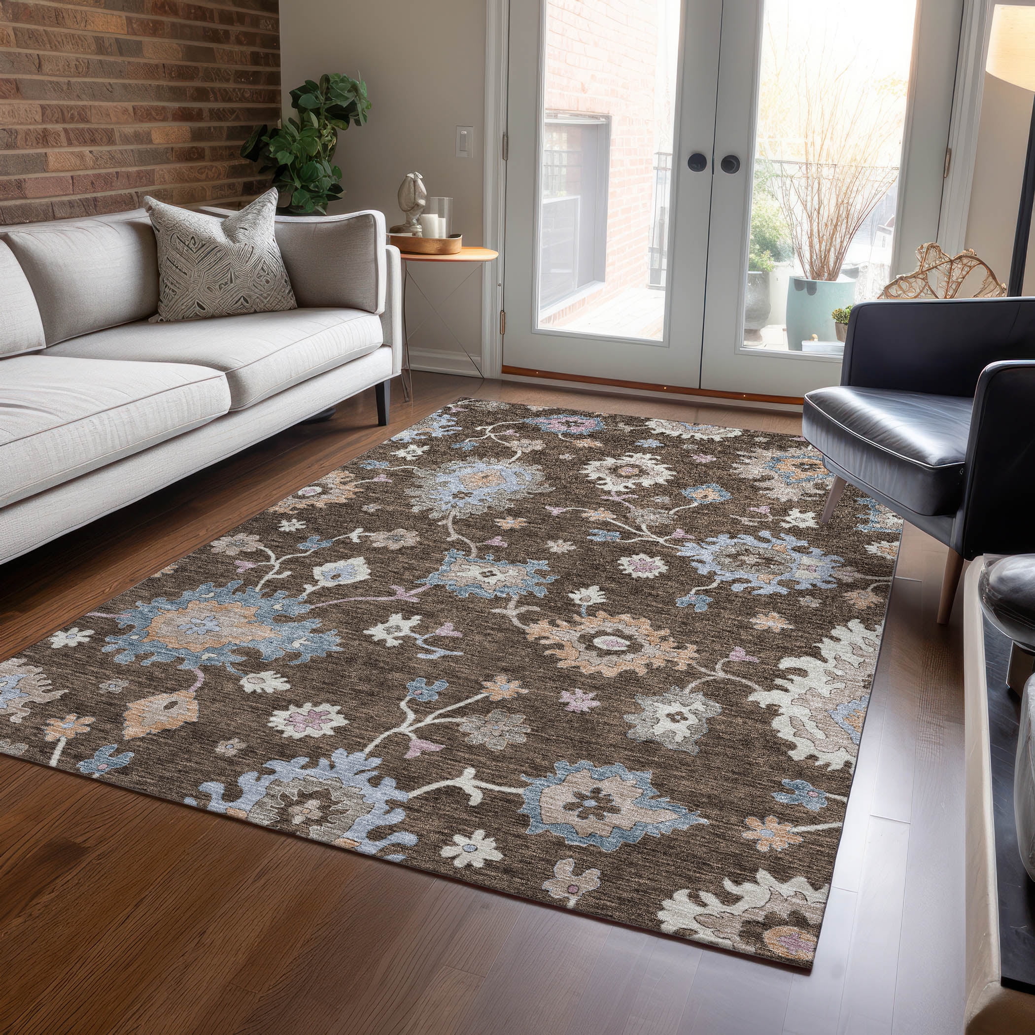 Chocolate Floral Pattern Machine Washable Indoor Outdoor Area Rug