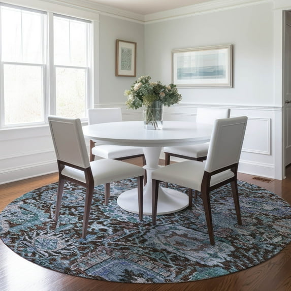 Addison Rugs Chantille Indoor/Outdoor Traditional Damask Chocolate Washable Round Rug, 8' x 8'