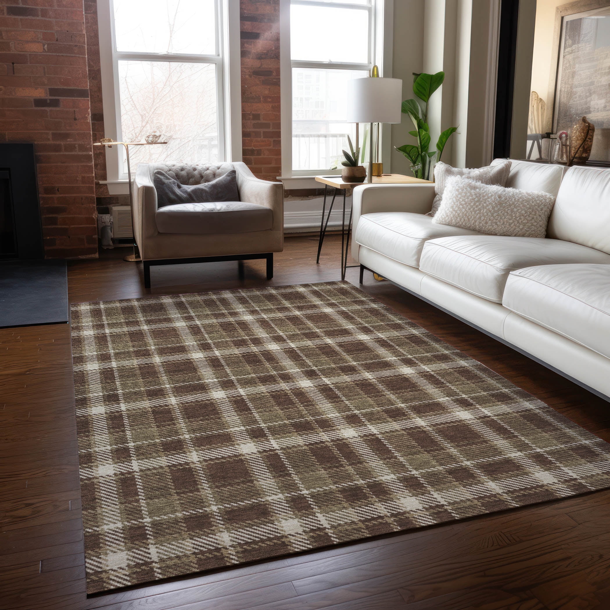 Addison Rugs Chantille Indoor/Outdoor Transitional Plaid Chocolate Washable Rectangle Rug, 5' x 7'6"