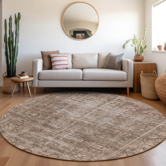 Addison Rugs Chantille Indoor/Outdoor Transitional Geometric, Abstract Brown Washable Round Rug, 8' x 8'