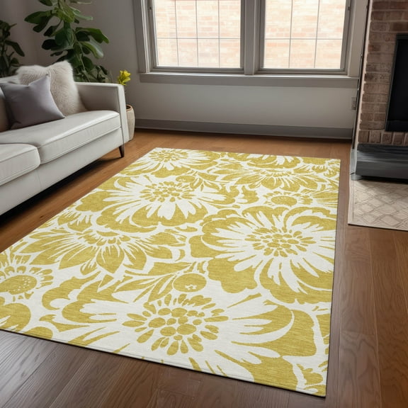 Addison Rugs Chantille Indoor/Outdoor Transitional Floral Gold Washable Rectangle Rug, 10' x 14'