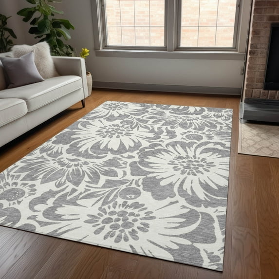 Addison Rugs Chantille Indoor/Outdoor Transitional Floral Gray Washable Rectangle Rug, 5' x 7'6"